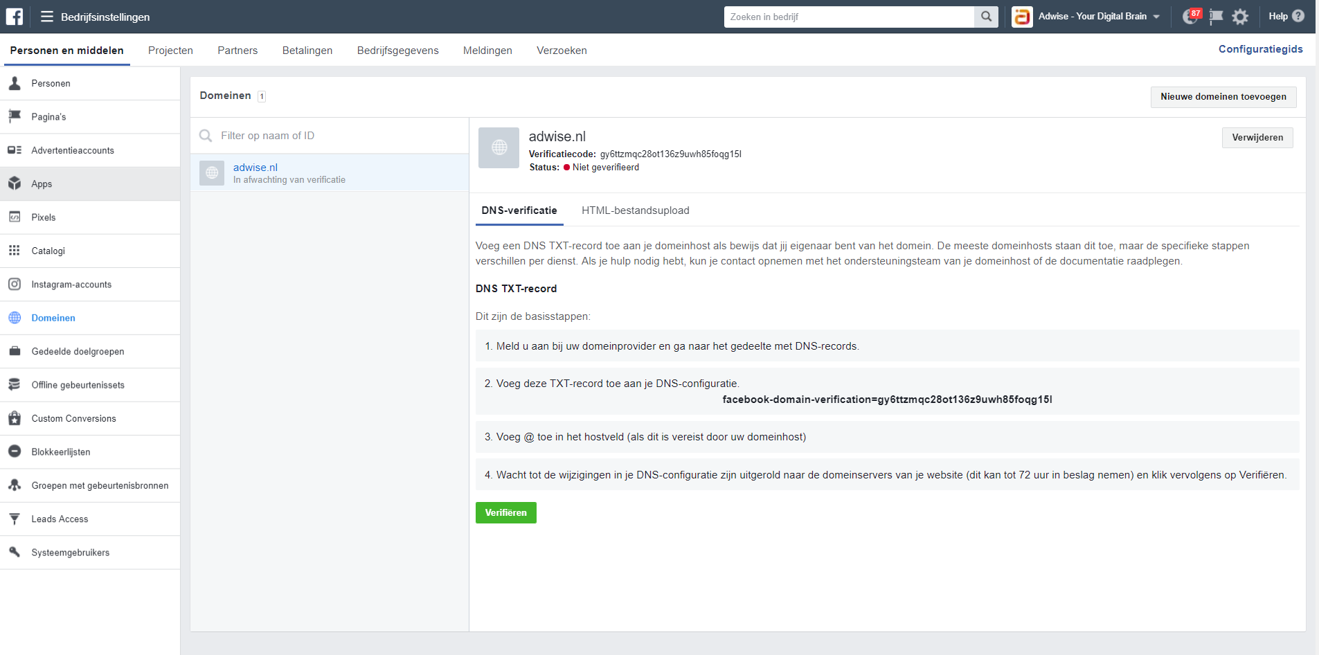 Het instellen van domein verificatie in Facebook