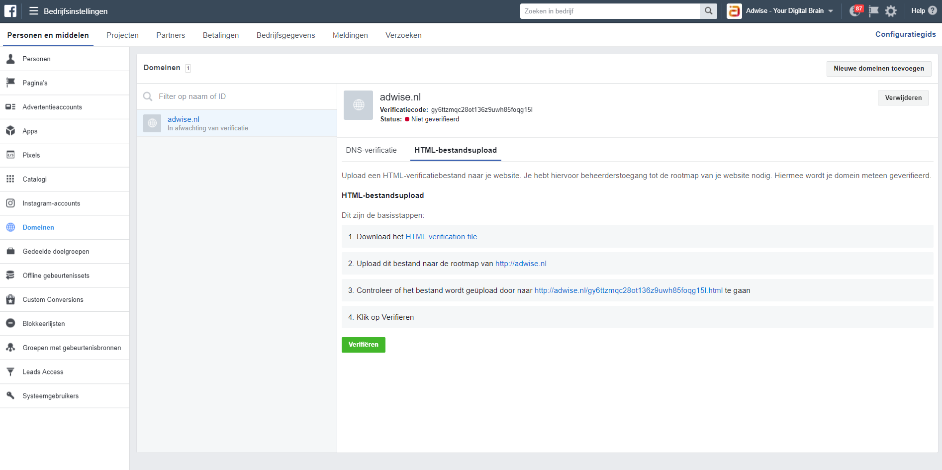 Het instellen van domein verificatie in Facebook