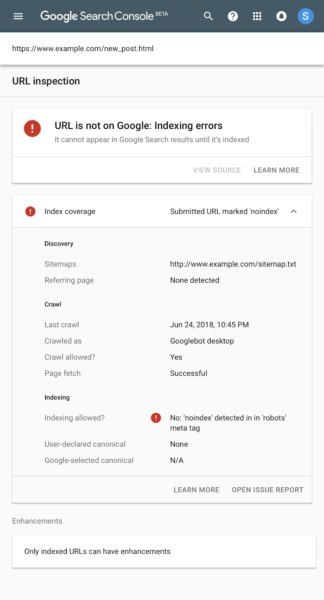 Google URL inspectietool errors