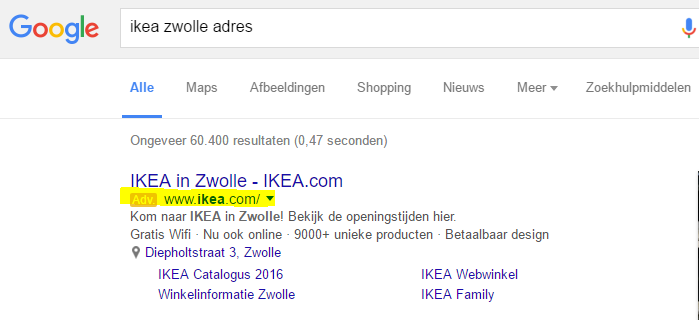Zoekopdracht met advertentie op Ikea Zwolle adres