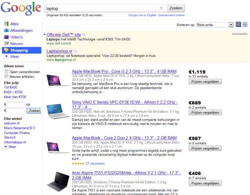 producten en prijzen vergelijken in Google Shopping