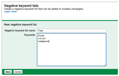 Negatieve zoekwoordenlijst in Google Adwords
